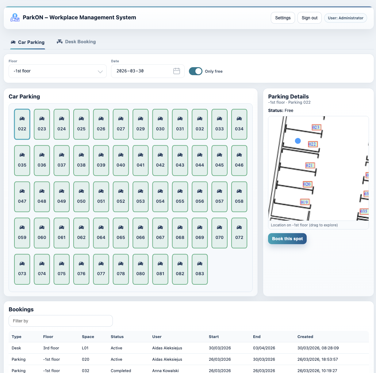 ParkON availability grid with a selected parking space and booking details