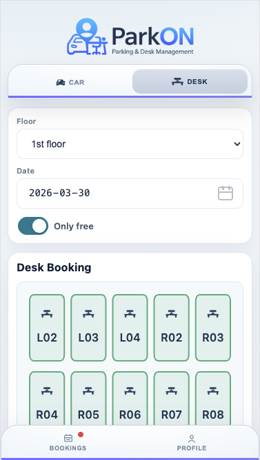 ParkON mobile interface showing available desks