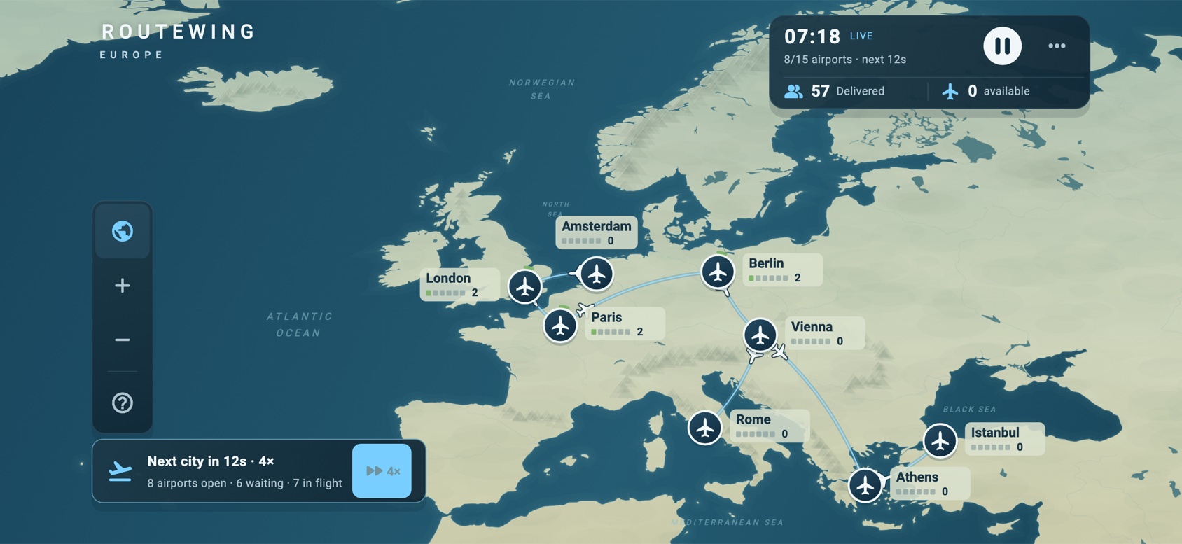 Actual Routewing gameplay: aircraft routes connecting European cities, with passenger counts and a game timer